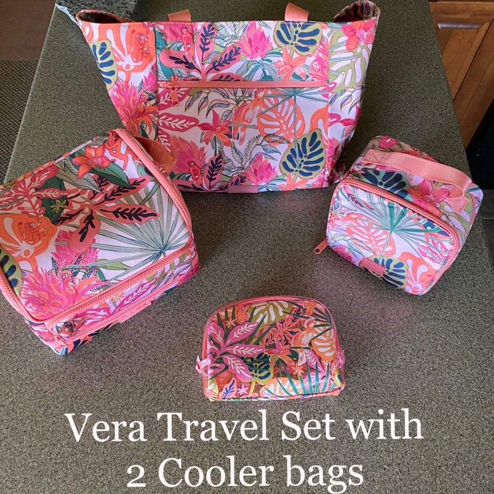 Vera Bradley Rainforest Canopy Coral Travel set with two cooler bags.
